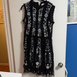 Mac Duggal Black Dress with Blue and White Embroidery